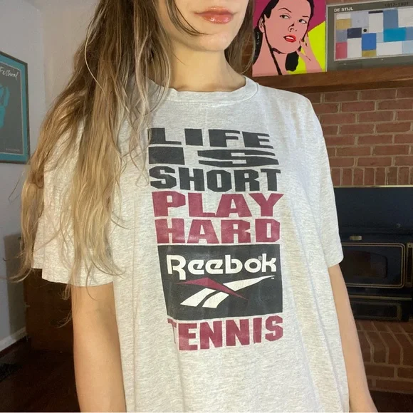 Vintage 90s Reebok Single Stitch Life Is Short Play Hard Tennis Tee Unis… - Picture 1 of 13